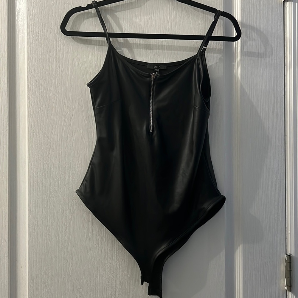 Black Faux leather quarter zip bodysuit
